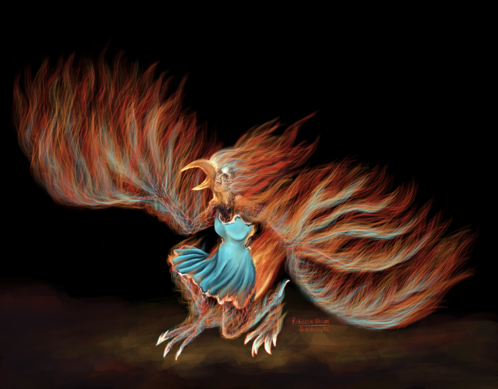 Digital Illustration: A woman wearing a blue dress crouches on one knee, her arms outspread. Her body is overlaid with raging fires in the shape of a huge bird of prey with her skin turning to molten, cracked lava and burning away. She screams, her head thrown back, as the fiery transformation spreads over her entire body.